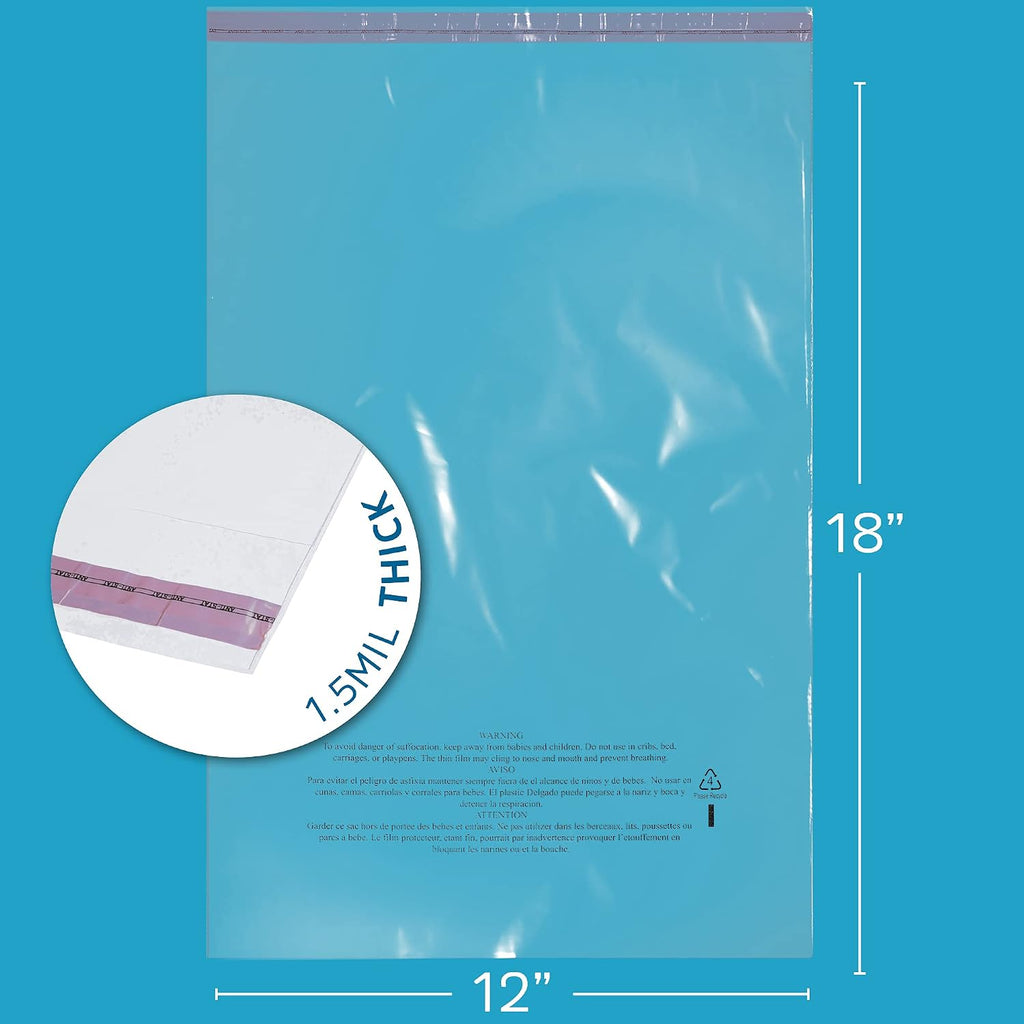 12"x18" Self Seal Poly Bags, 100 Pack, 1.5 Mil, Suffocation Warning