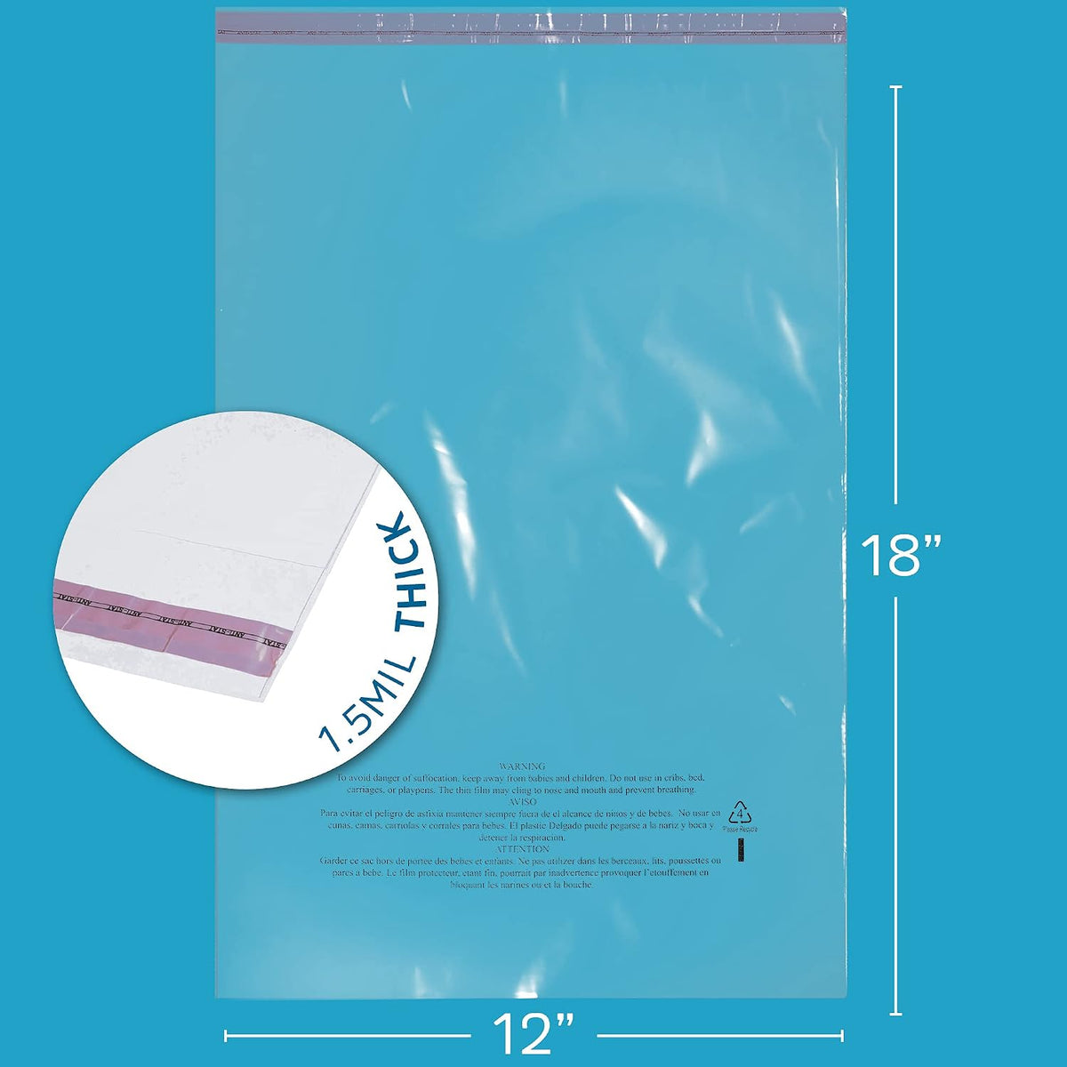 12"x18" Self Seal Poly Bags, 100 Pack, 1.5 Mil, Suffocation Warning