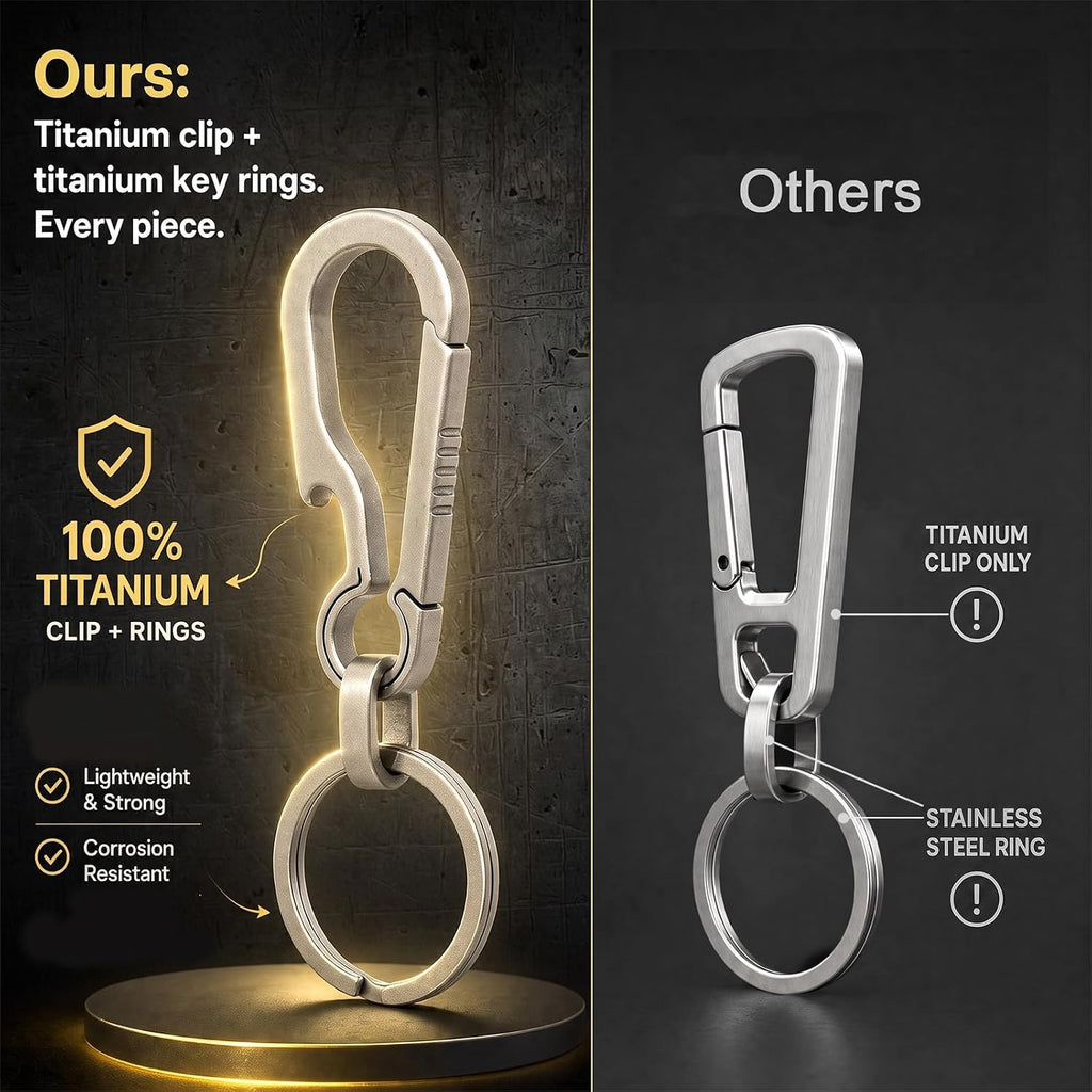Titanium Key Carabiner Keychain Clip with Titanium Key Ring | Heavy Duty Key Chain Clip, Ultra-Light, Quick Release