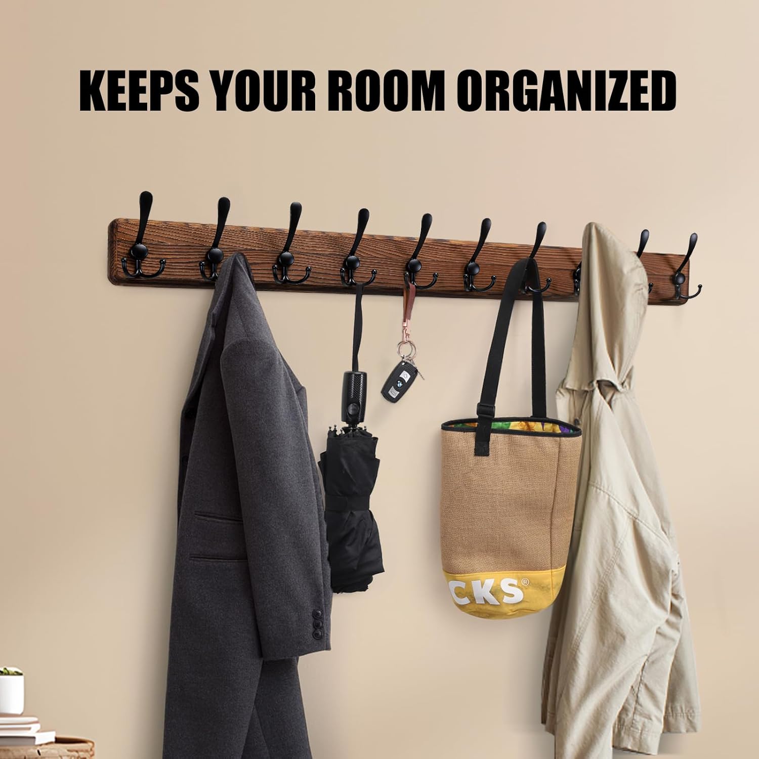 Rustic 38.6" Large Coat Rack Wall Mount, Long Wood Coat Hooks with 10 Triple Hooks, Heavy Duty Wooden Coat Hanger
