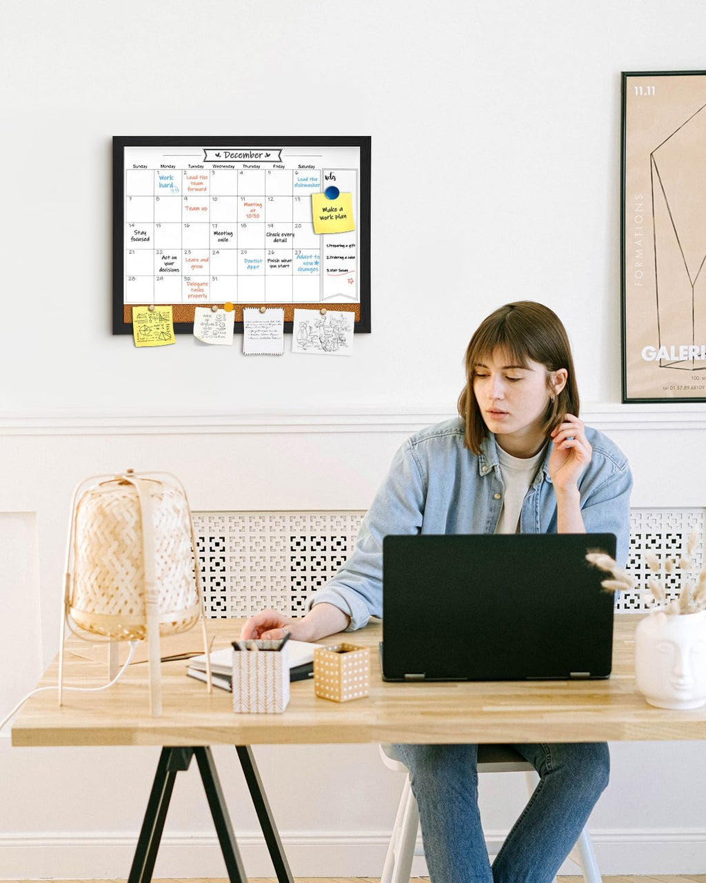 Dry Erase Calendar Whiteboard for Wall, Magnetic 13" x 17" Combination Dry Erase Board & Bulletin Board, 2in1 White