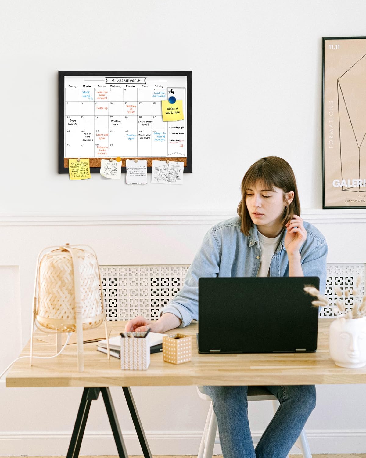 Dry Erase Calendar Whiteboard for Wall, Magnetic 13" x 17" Combination Dry Erase Board & Bulletin Board, 2in1 White