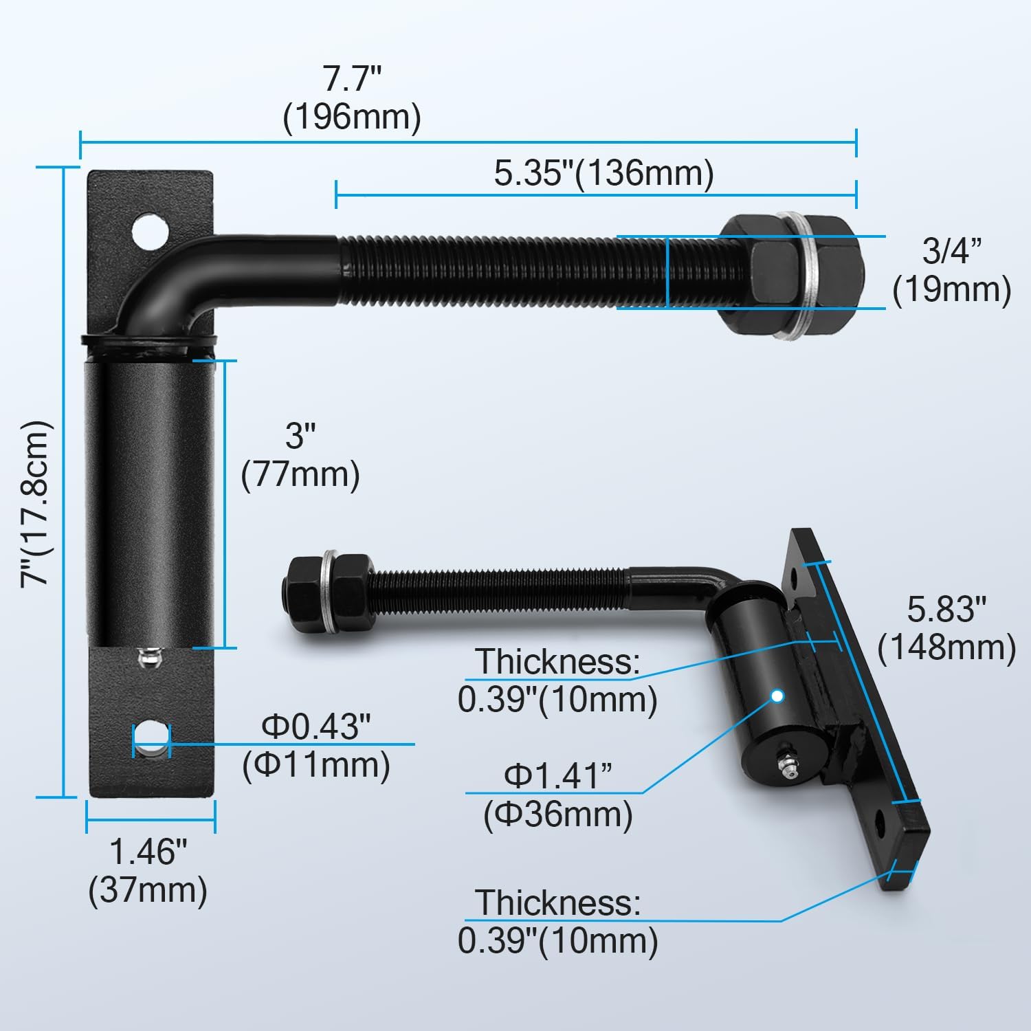 Heavy Duty 3/4" J-Bolt Gate Hinge, 7 Inch Adjustable Hinge, Supports Up to 1100 lbs, Weld-On Design for Wooden &