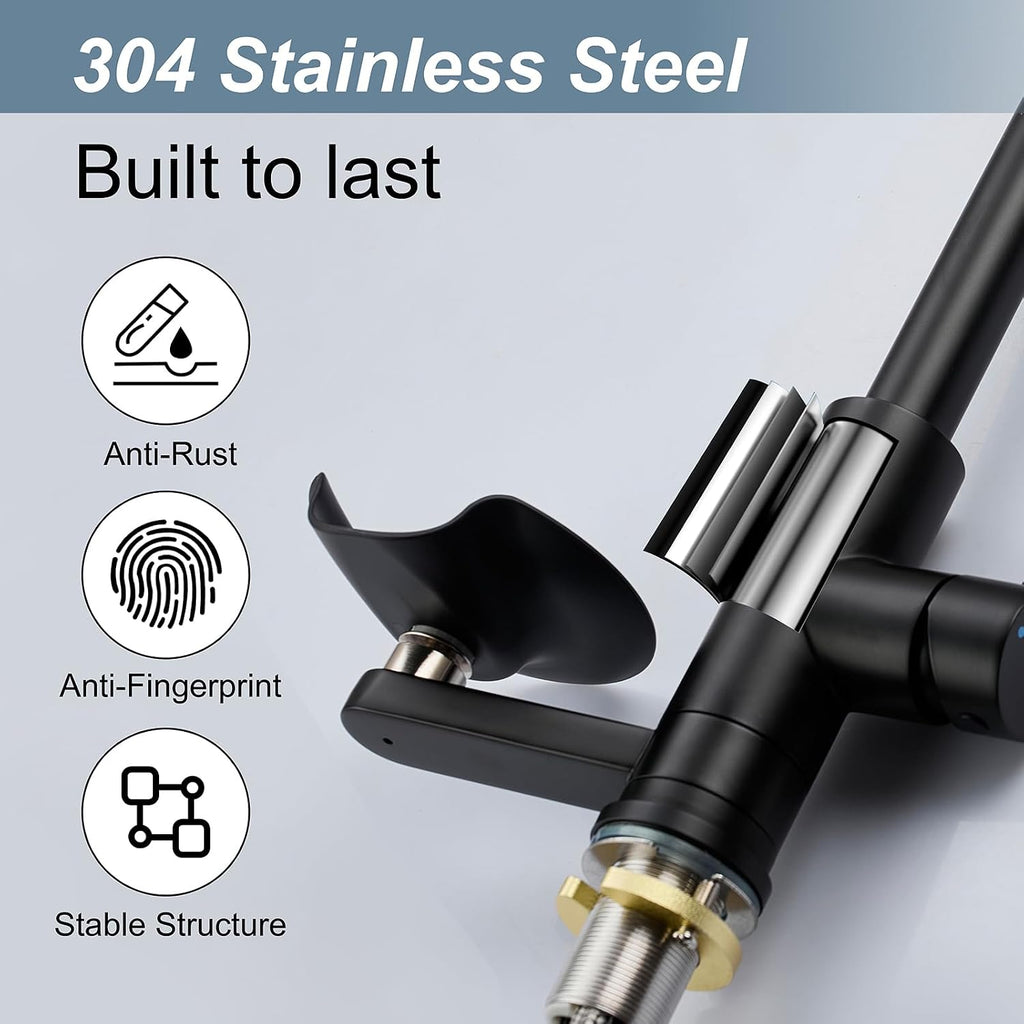 Matte Black Kitchen Faucet with Glass Rinser, Pull Down Sprayer with 3 Water Modes, Single Handle Stainless Steel