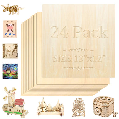 24 Pack 12"x12"x1/8" Basswood Sheets, 3mm Basswood Plywood, Craft Wood, DIY Ornaments, Model Engraving, Architectural