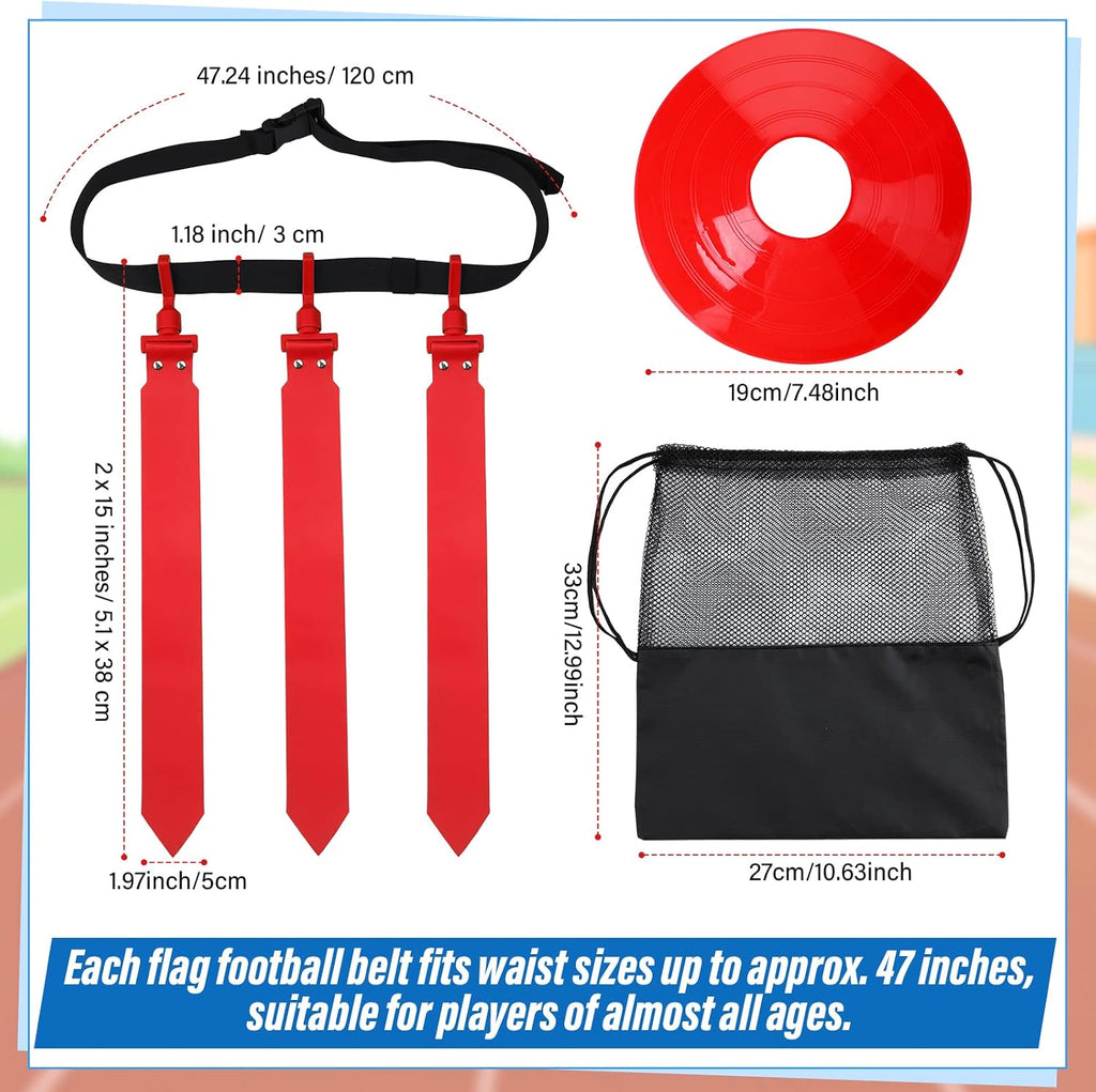 10/16 Player Flag Football Belt Set | Adjustable Belts for Youth Adults; Includes Cones and Bag for Kids Team
