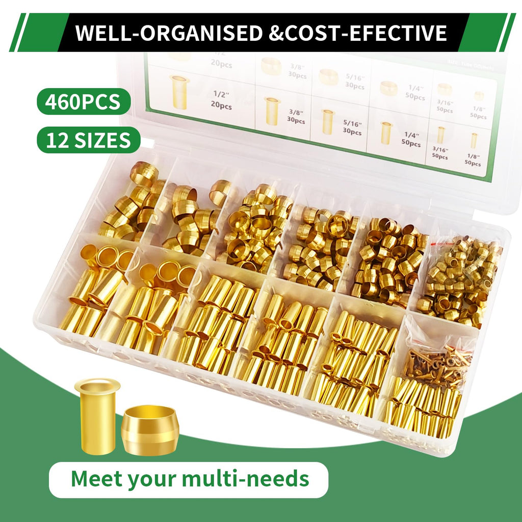 Japtend 460pcs Brass Compression Sleeves Ferrules Inserts Fittings Kit