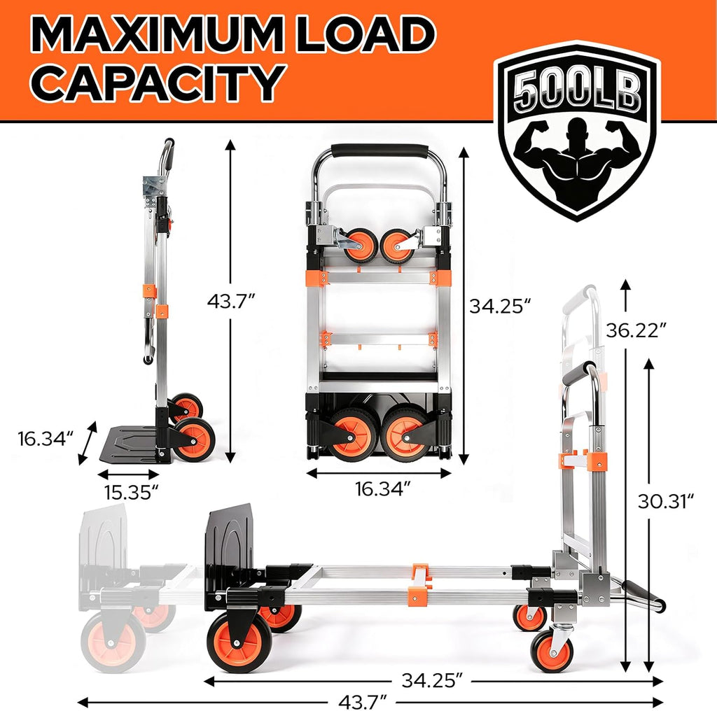 Folding Hand Truck Dolly Cart with Wheels, 500lb Load,Silver Orange