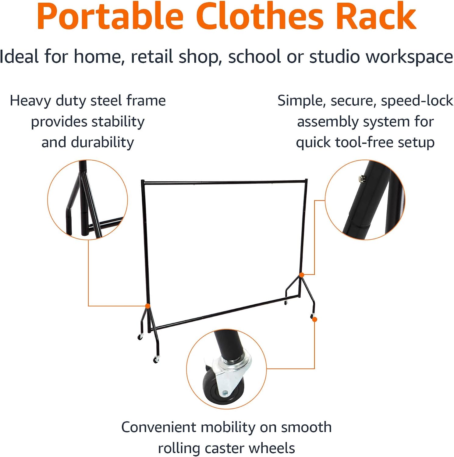 Heavy Duty Portable Rolling Garment Rack, Hanging Clothes Organizer Rail for Display and Storage, Easy to Assemble
