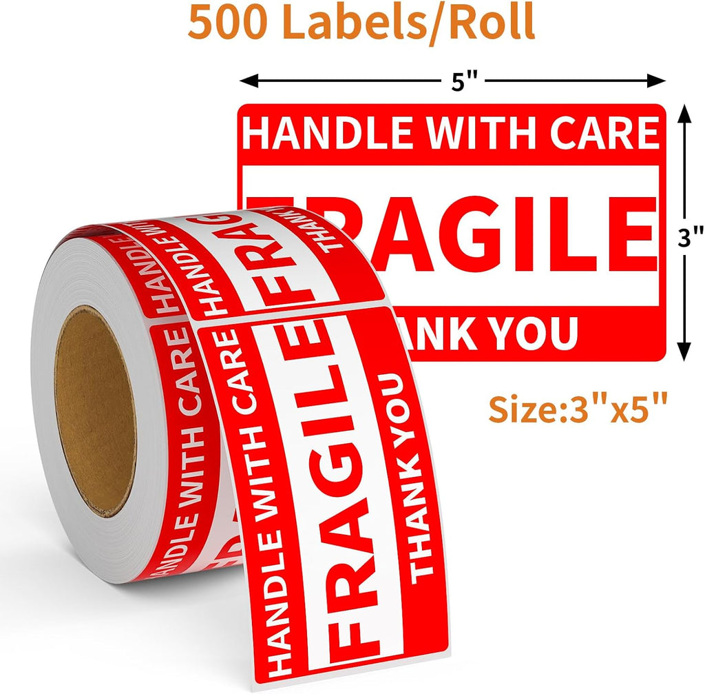 3" x 5" Handle with Care Fragile Stickers for Shipping and Moving - 1 Roll