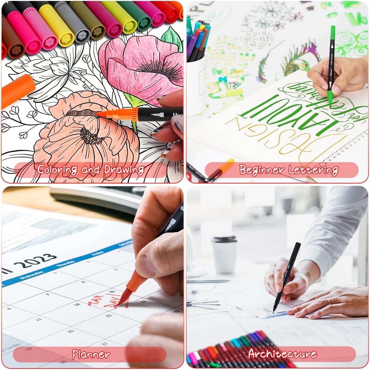 36 Dual Brush Markers for Adult Coloring Books - Fine & Brush Double Pens for Journaling, Calligraphy, Drawing, Art +