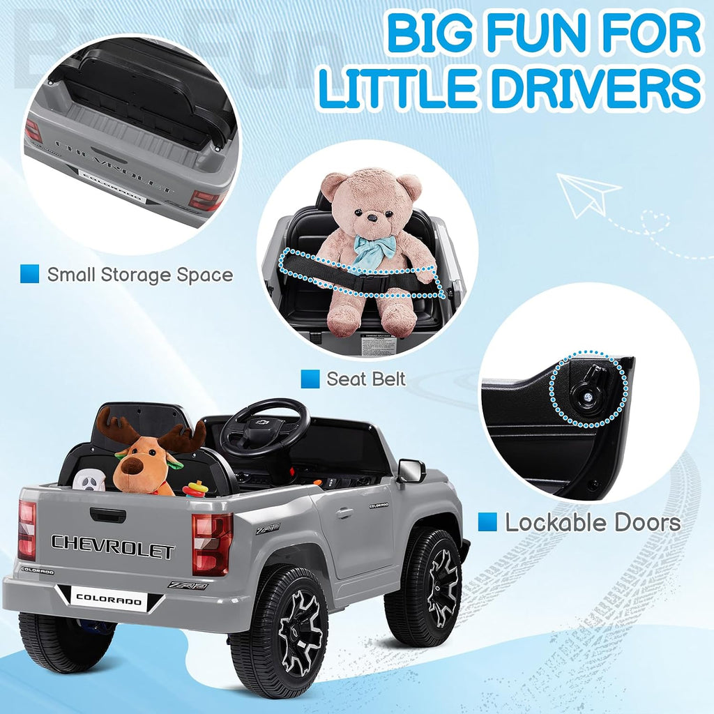 Licensed Chevrolet Colorado 12V Electric Car for Kids, Gray | Ride on Toys for Toddlers w/ Remote Control, Battery