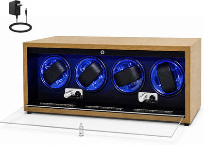 4 Slots Watch Winder for Automatic Watches, Walnut Winding Watch Box with Blue LED & Japanese Quiet Motor for Rolex