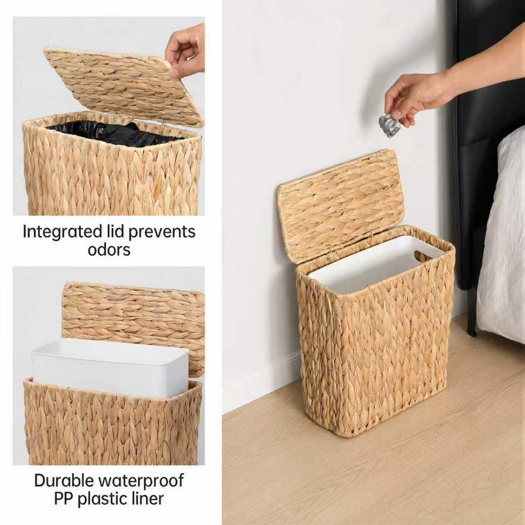 3 Gallon Wicker Trash Can,Small Bathroom Trash Can with Lid,Natural Water Hyacinth Wicker Waste Basket for