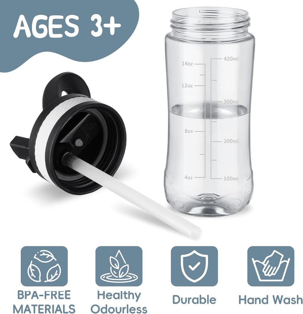 14oz Clear Kids Water Bottle with Straw Lid, BPA-Free Tritan, Measurement Scale, Sturdy Handle Wide Mouth Leak-proof