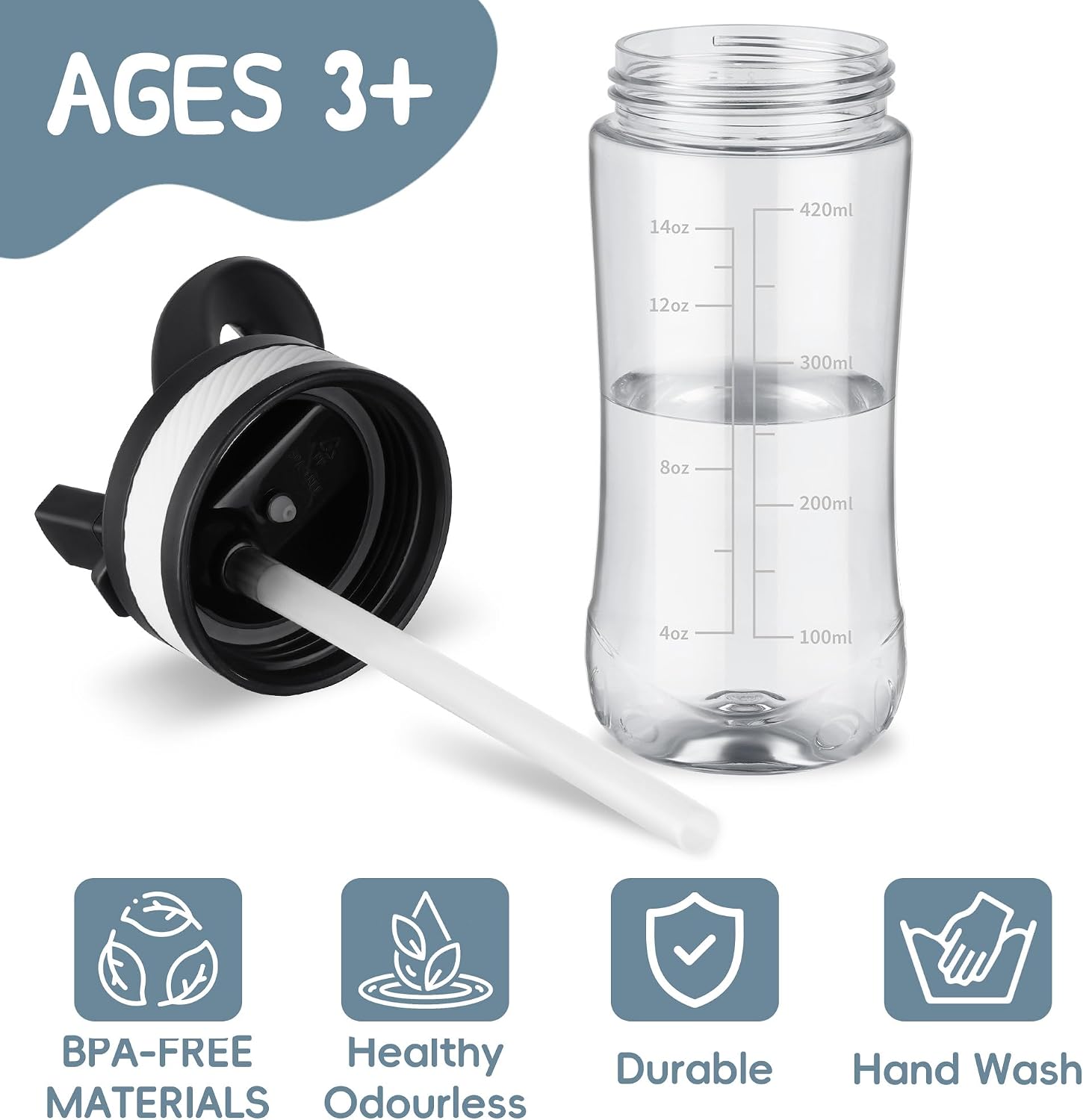 14oz Clear Kids Water Bottle with Straw Lid, BPA-Free Tritan, Measurement Scale, Sturdy Handle Wide Mouth Leak-proof