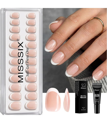 French Tip Press On Nails Short Oval Nude Fake Nails with Glue