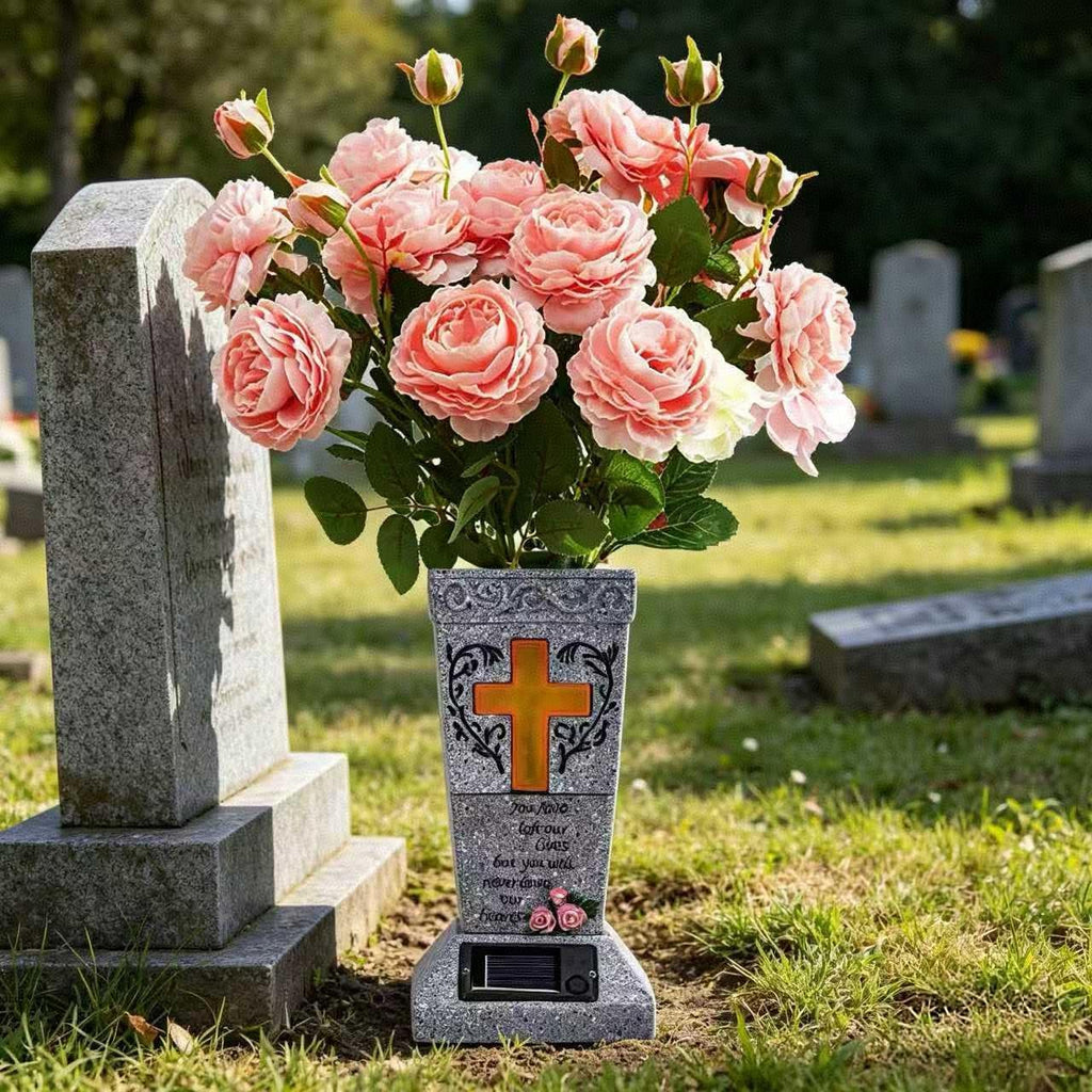 Solar Cemetery Vase for Grave Decor - Waterproof Memorial Flower Holder with LED Cross Light - Sympathy Gifts for