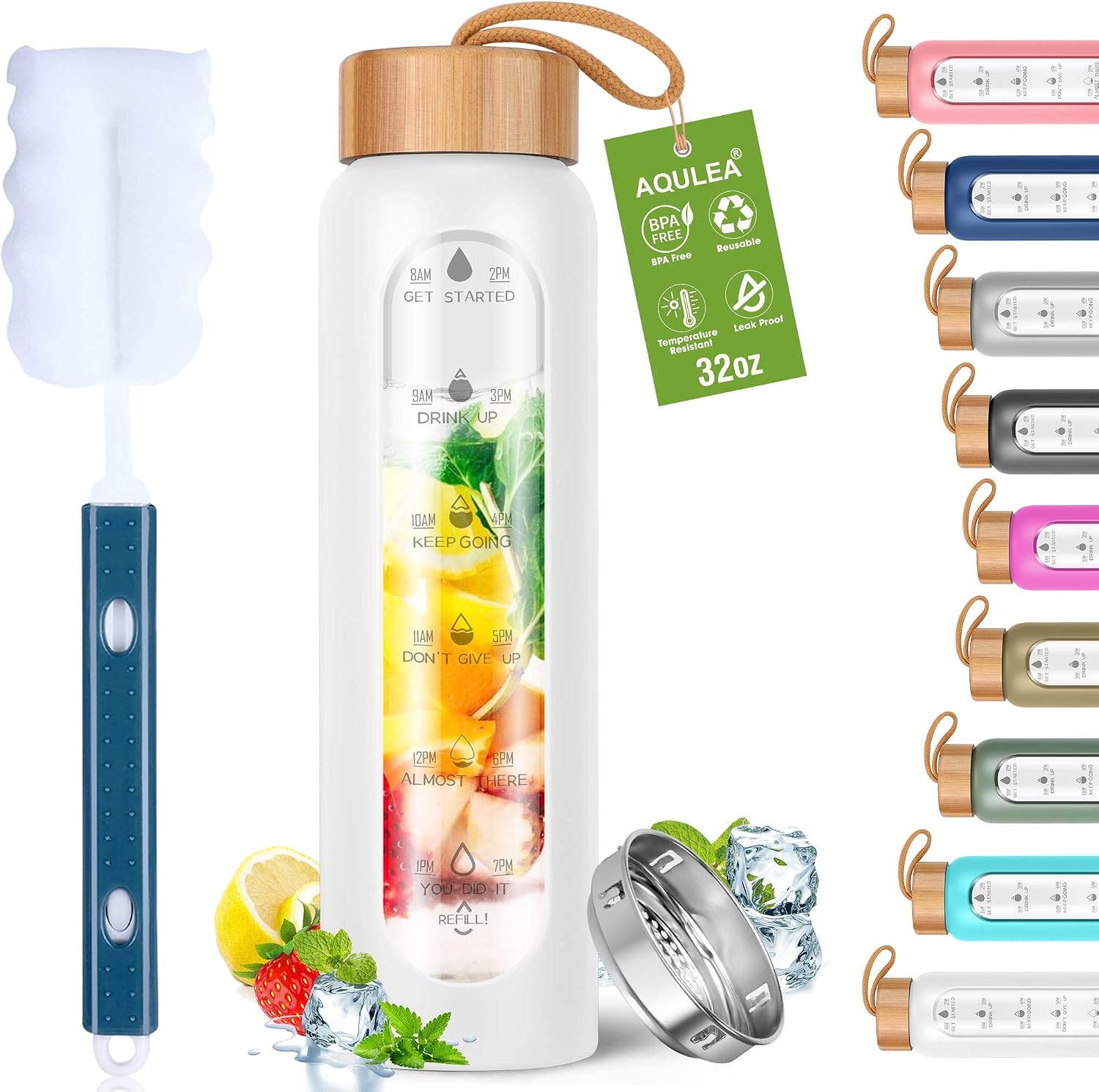 Glass Water Bottles 32 Oz with Silicone Sleeve - BPA Free Reusable Wide Mouth Glass Motivational Water Bottles with