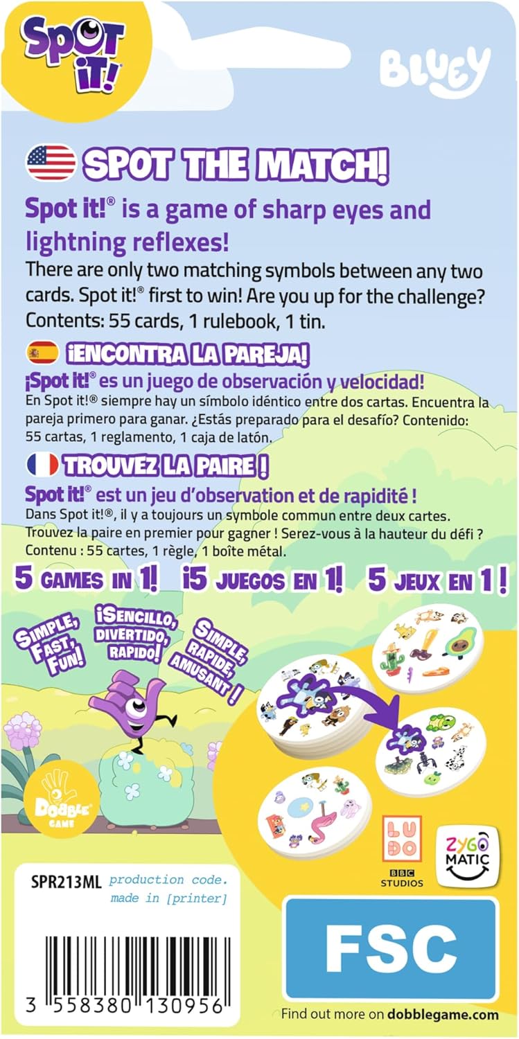 Spot It! Bluey Card Game - Fast-Paced Matching Game Featuring Bluey & Friends, Fun for Family, Kids & Adults, Ages