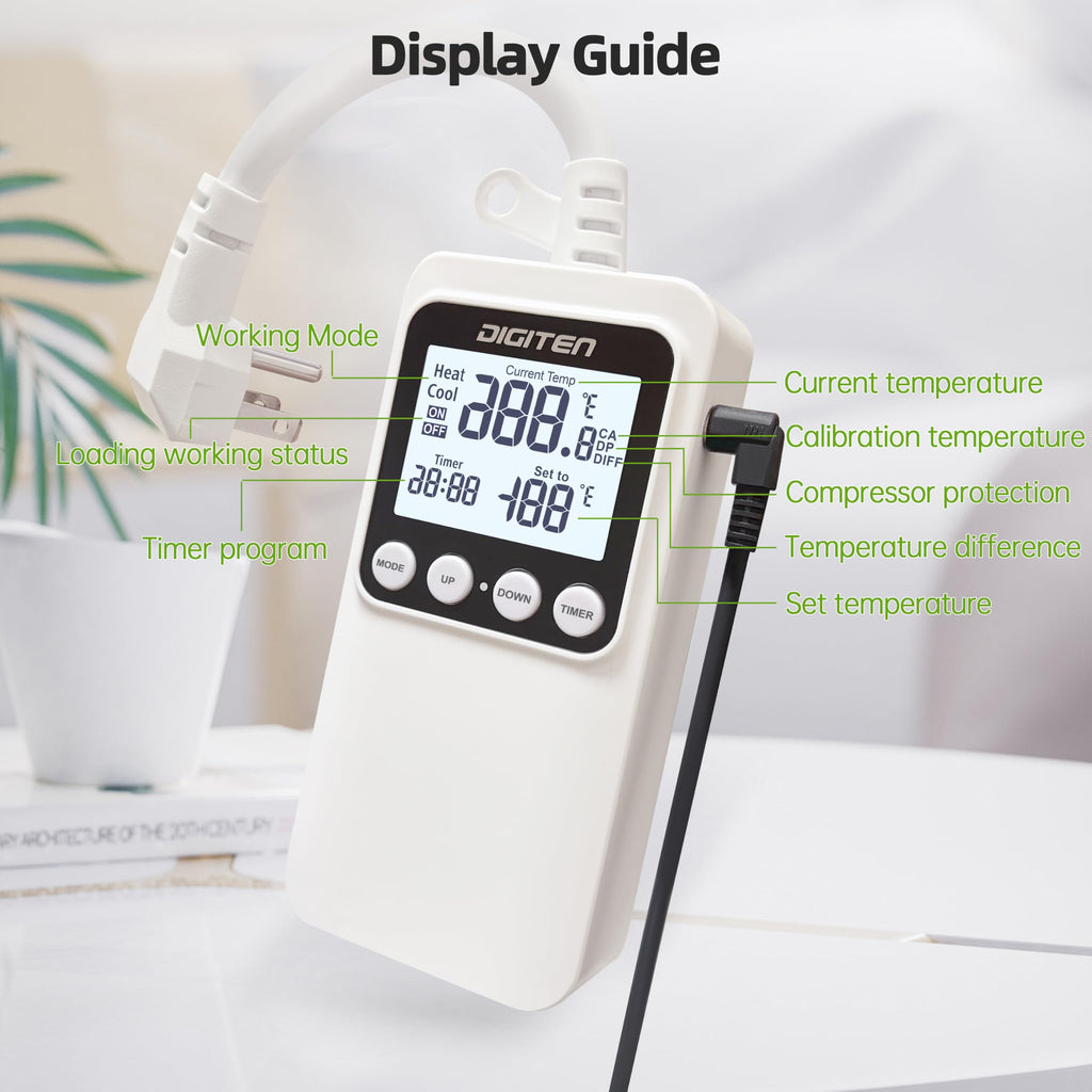 DIGITEN Temperature Controller with Timer, 15A/1800W Plug in Thermostat