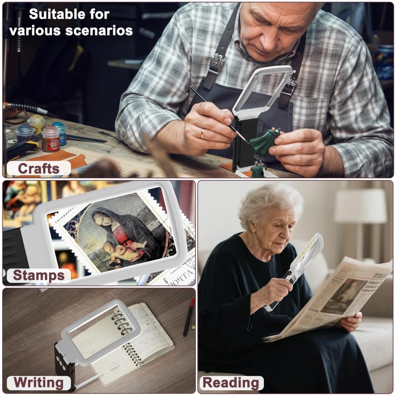 15X Magnifying Glass with Light and Stand, Real Glass Lens, Rechargeable Foldable Handheld Magnifier, 3 Color Modes