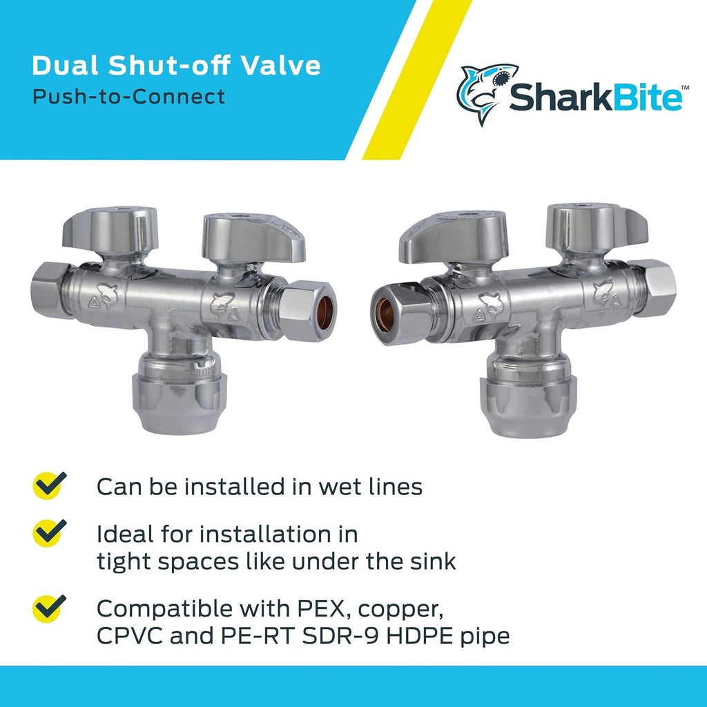 Dual Shut Off Quarter-Turn Brass Ball Valve, 1/2 Inch Push to Connect x 3/8 Inch OD Compression x 3/8 Inch OD