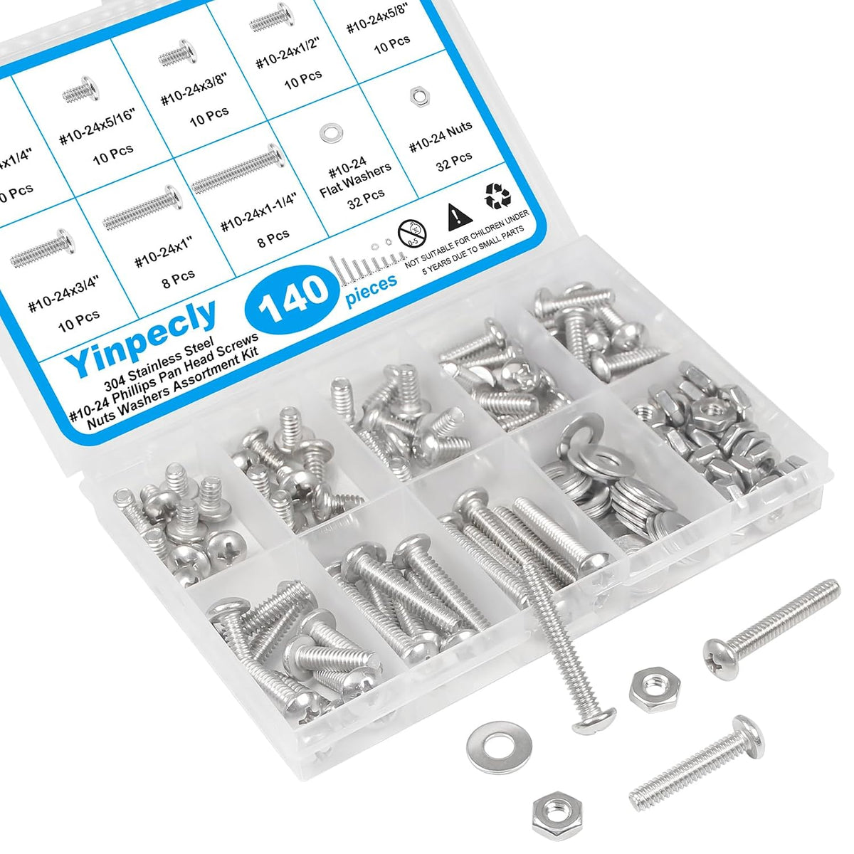 140pcs #10-24 Phillips Pan Head Machine Screws Nuts Washers Kit