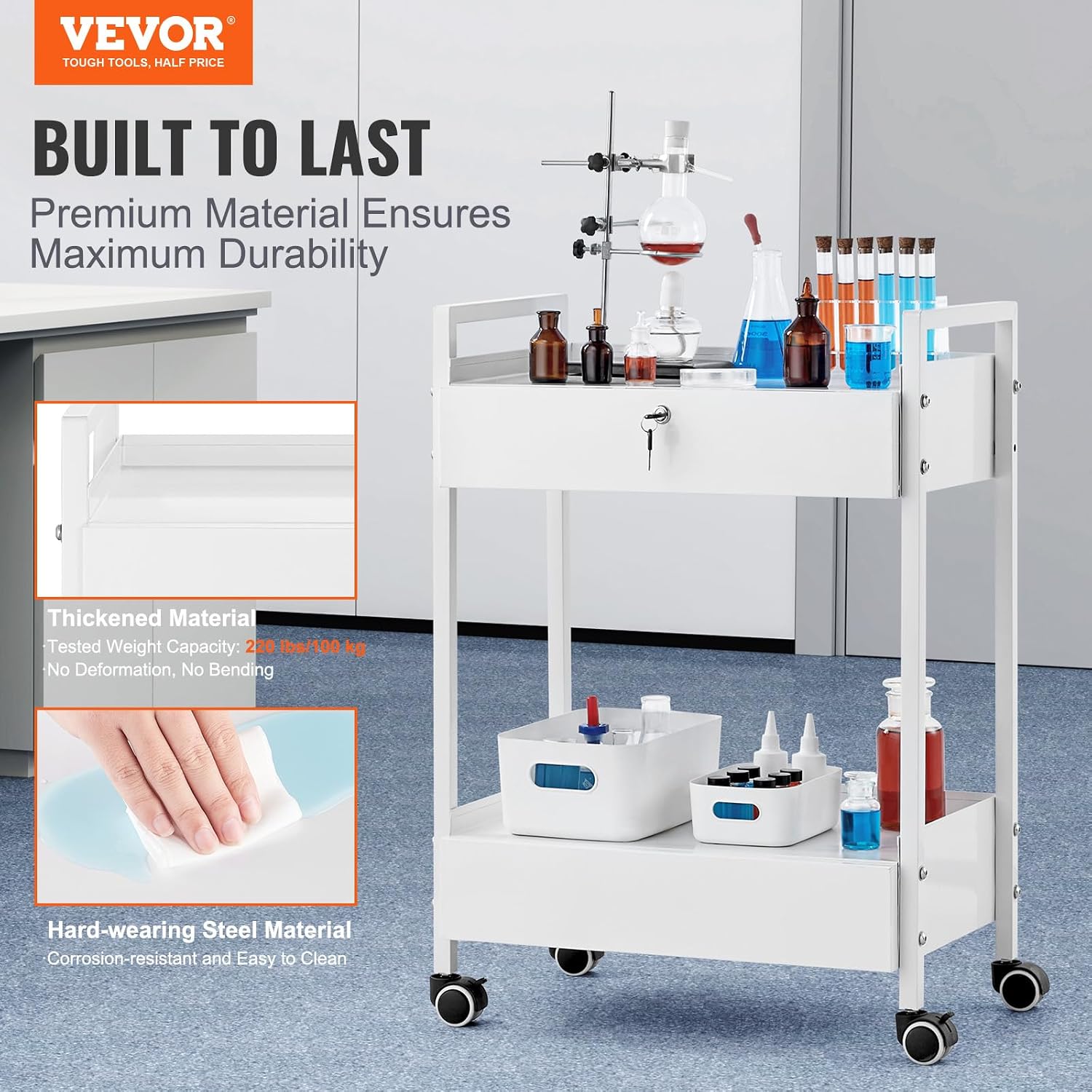 Rolling Medical Cart with Lockable Drawer, White Paint Stainless Steel Utility Cart, 2 Tiers Mobile Esthetician