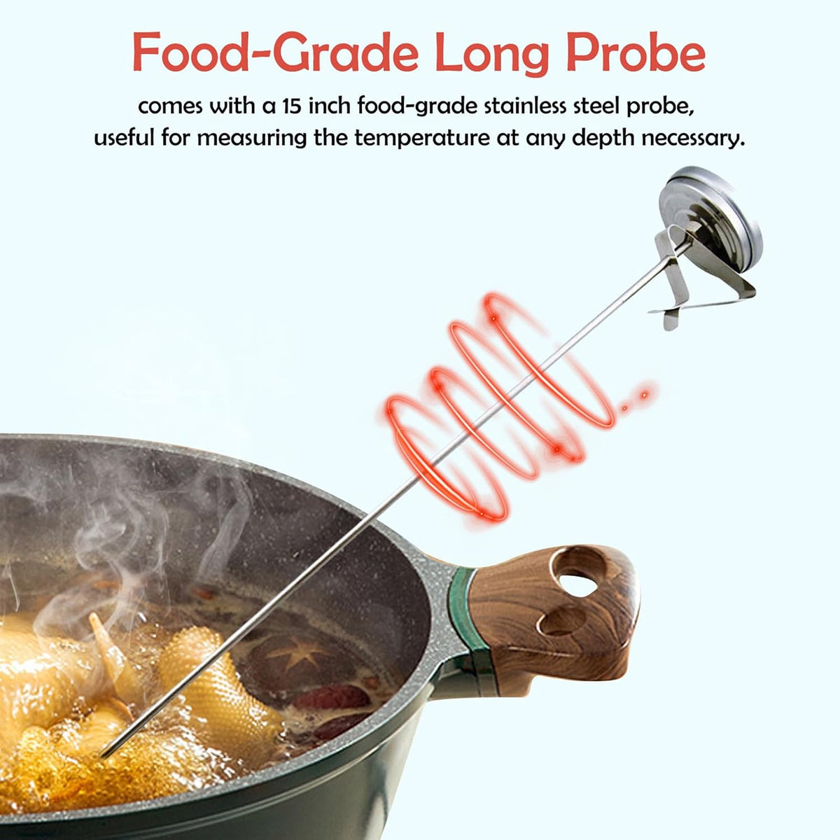 Candy Meat & Deep Fry Thermometer with Pot Clip, 15" Stainless Steel Probe