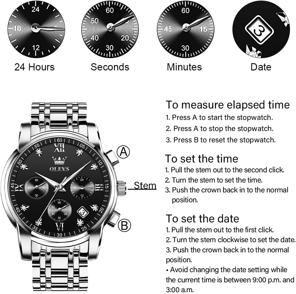 Men's Stainless Steel Chronograph Watch, Big Face Gold Silver Black Tone Easy to Read Analog Quartz Watch, Luxury