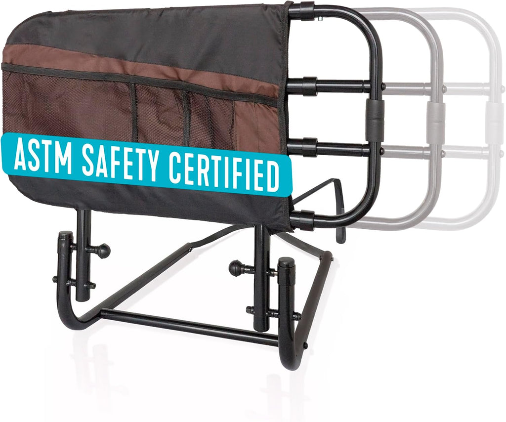EZ Adjust Bed Rail, Adjustable Senior Bedrail and Safety Assist Railing for Elderly Adults with Organizer Pouch, ASTM