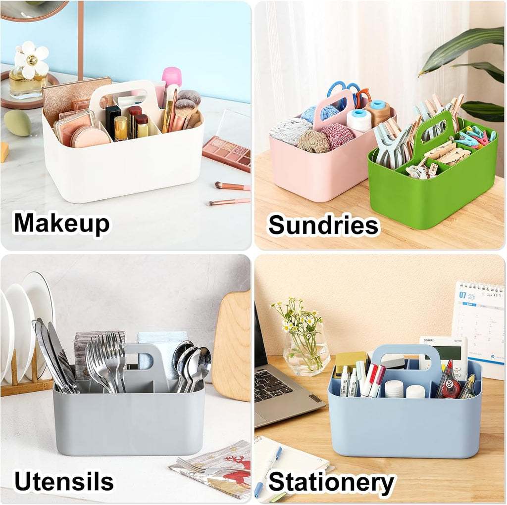 Multiuse Caddy Organizer with Handle, Portable Divided Plastic Tote Bin - Art Craft, Stationary Pen Marker Crayons