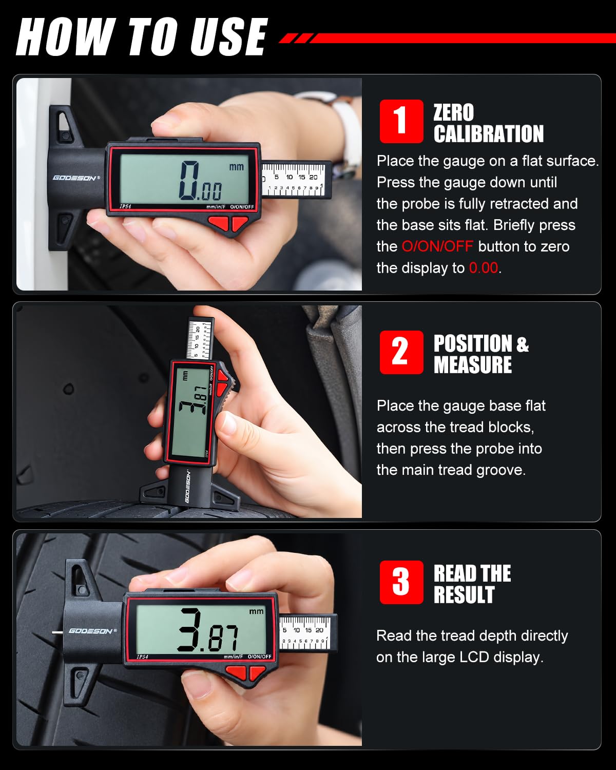 GODESON Digital Tire Tread Depth Gauge, 2.5" Large LCD Display, 0–1" Range