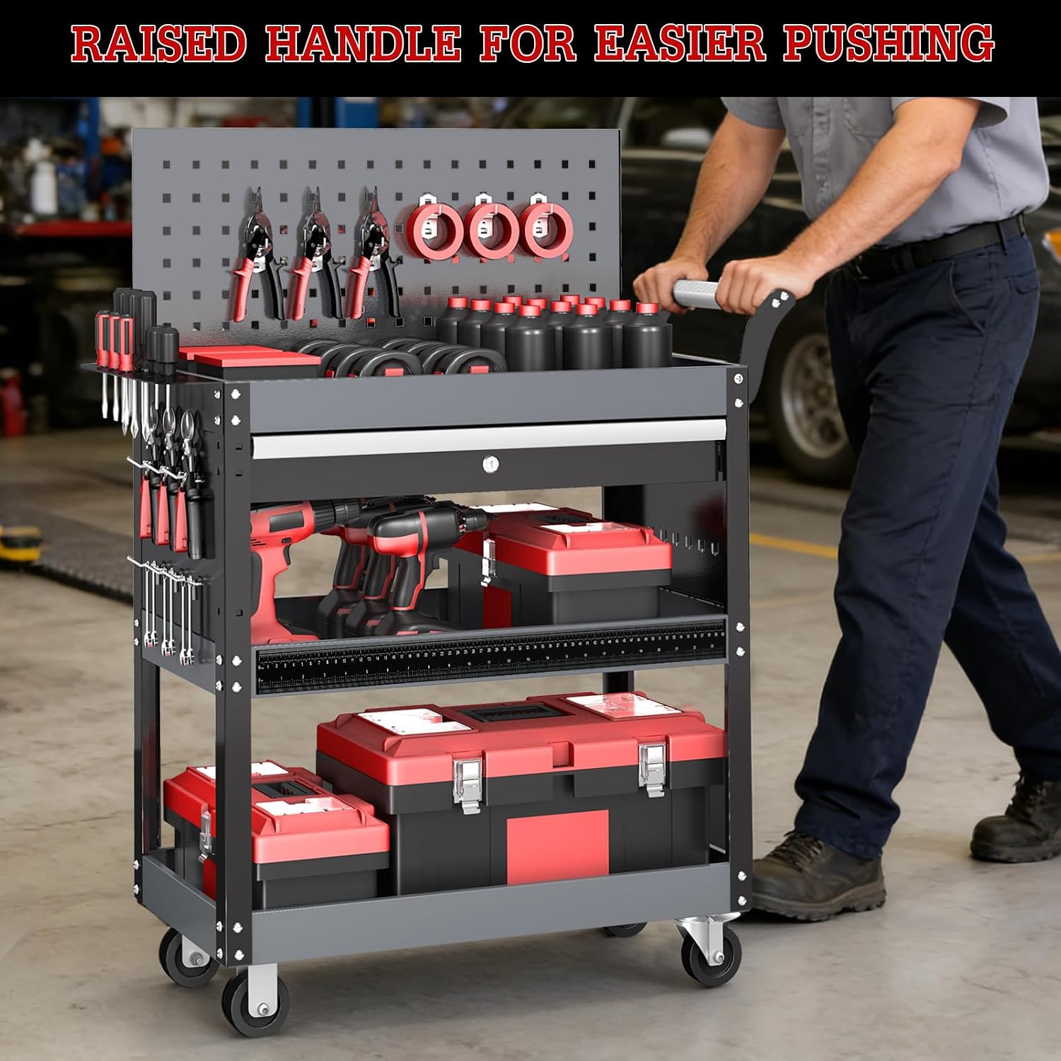 3 Tier Rolling Tool Cart On Wheels, Mechanic Tool Cart,Industrial Utility Cart with Drawers & Pegboard,440 LBS Heavy
