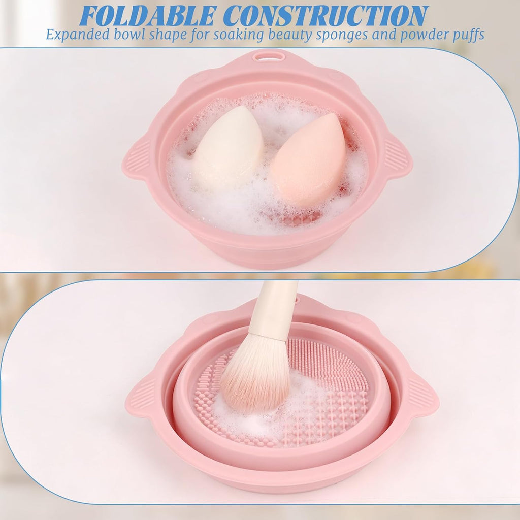 Collapsible Makeup Brush Cleaner Bowl, 2 Pack Silicone Washing Mat for Cleaning Daily Beauty Tools, Pink and Blue