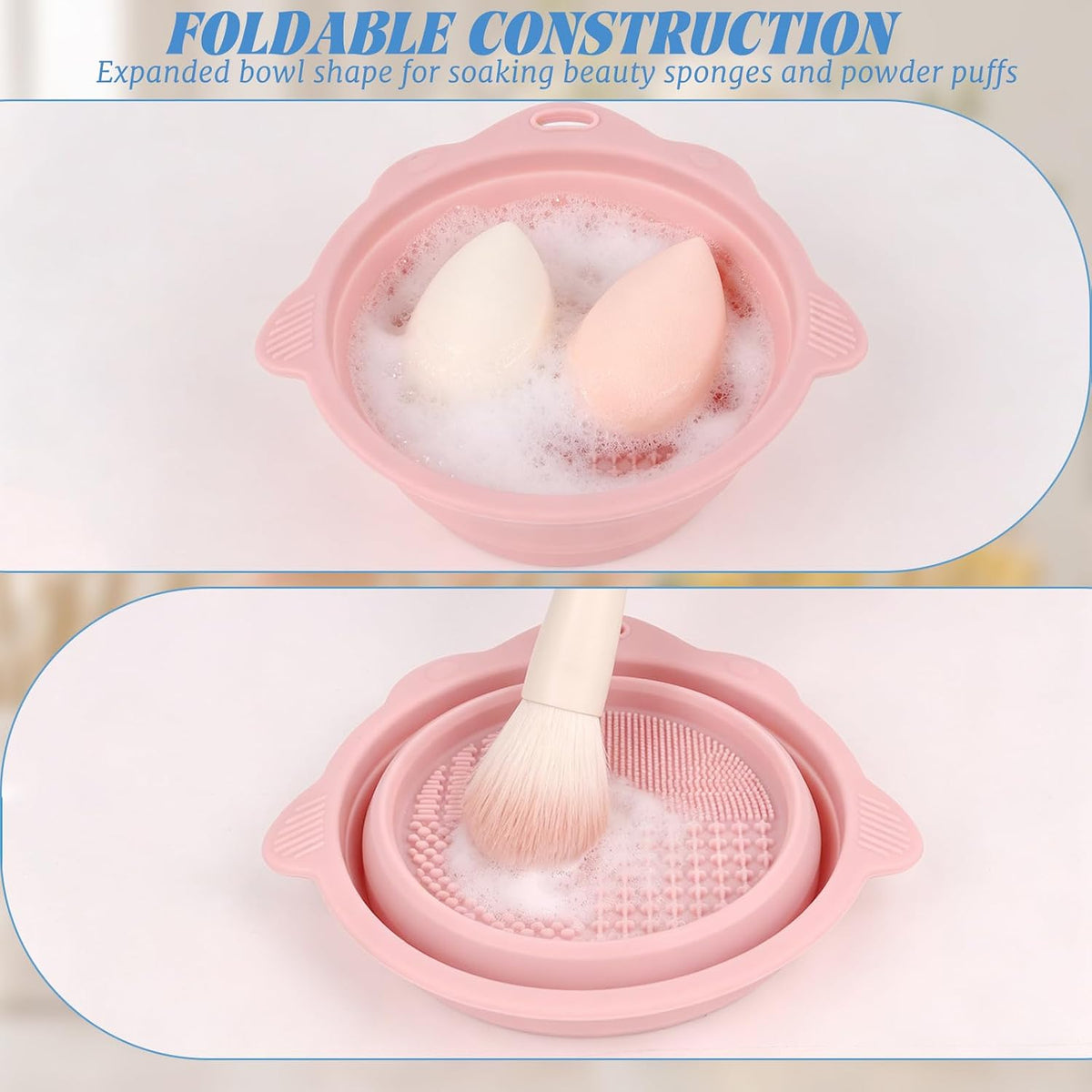 Collapsible Makeup Brush Cleaner Bowl, 2 Pack Silicone Washing Mat for Cleaning Daily Beauty Tools, Pink and Blue