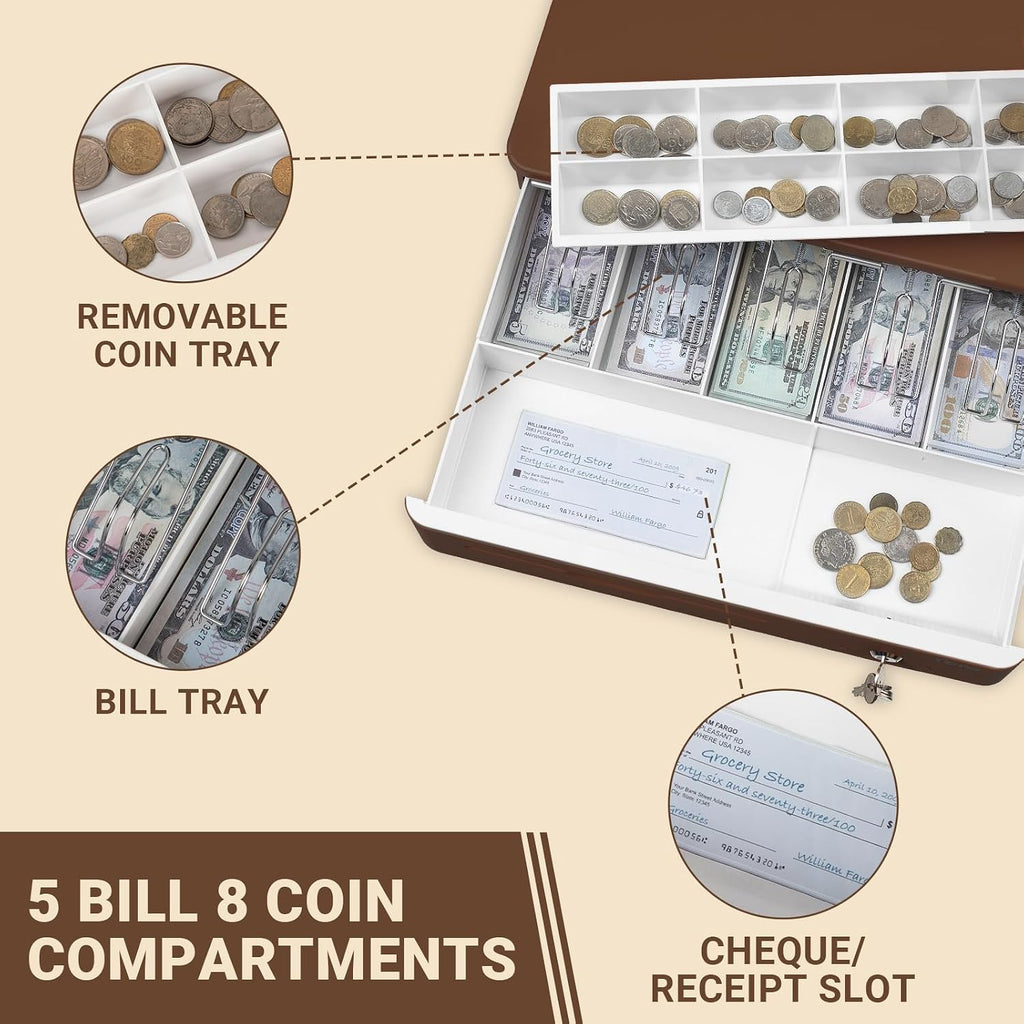 16 inch Cash Drawer: with Micro Switch Auto Open Heavy Duty Insert Tray 5 Bill 8 Coin for POS System Removable Cash