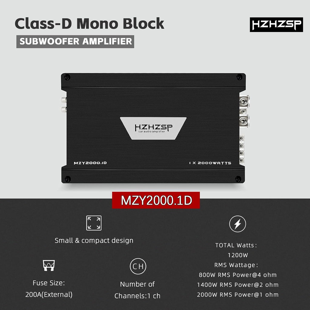 2000W RMS Class D Monoblock Car Subwoofer Amplifier, 1 Ohm Stable | Low Pass & Subsonic Filter, Bass Boost, Aluminum