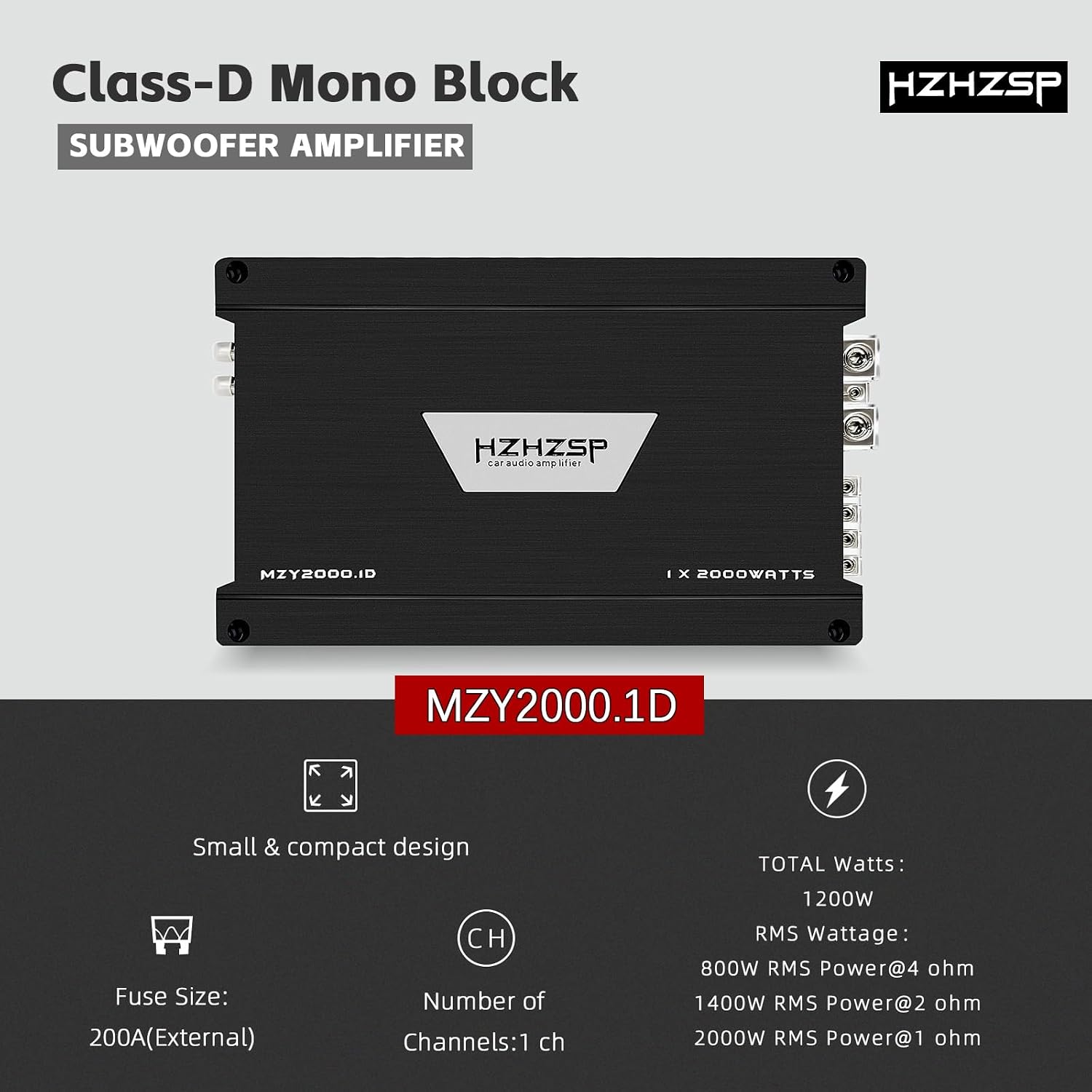 2000W RMS Class D Monoblock Car Subwoofer Amplifier, 1 Ohm Stable | Low Pass & Subsonic Filter, Bass Boost, Aluminum