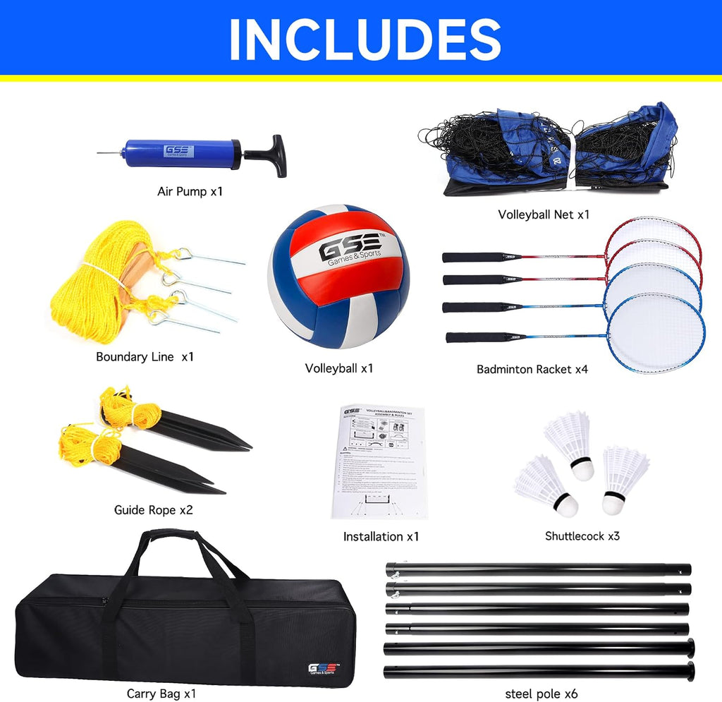 GSE Badminton and Volleyball Combo Set, Yard Net Game, for Outdoor | Easy Assembly Net Set, Ball, Pump, Boundary Line