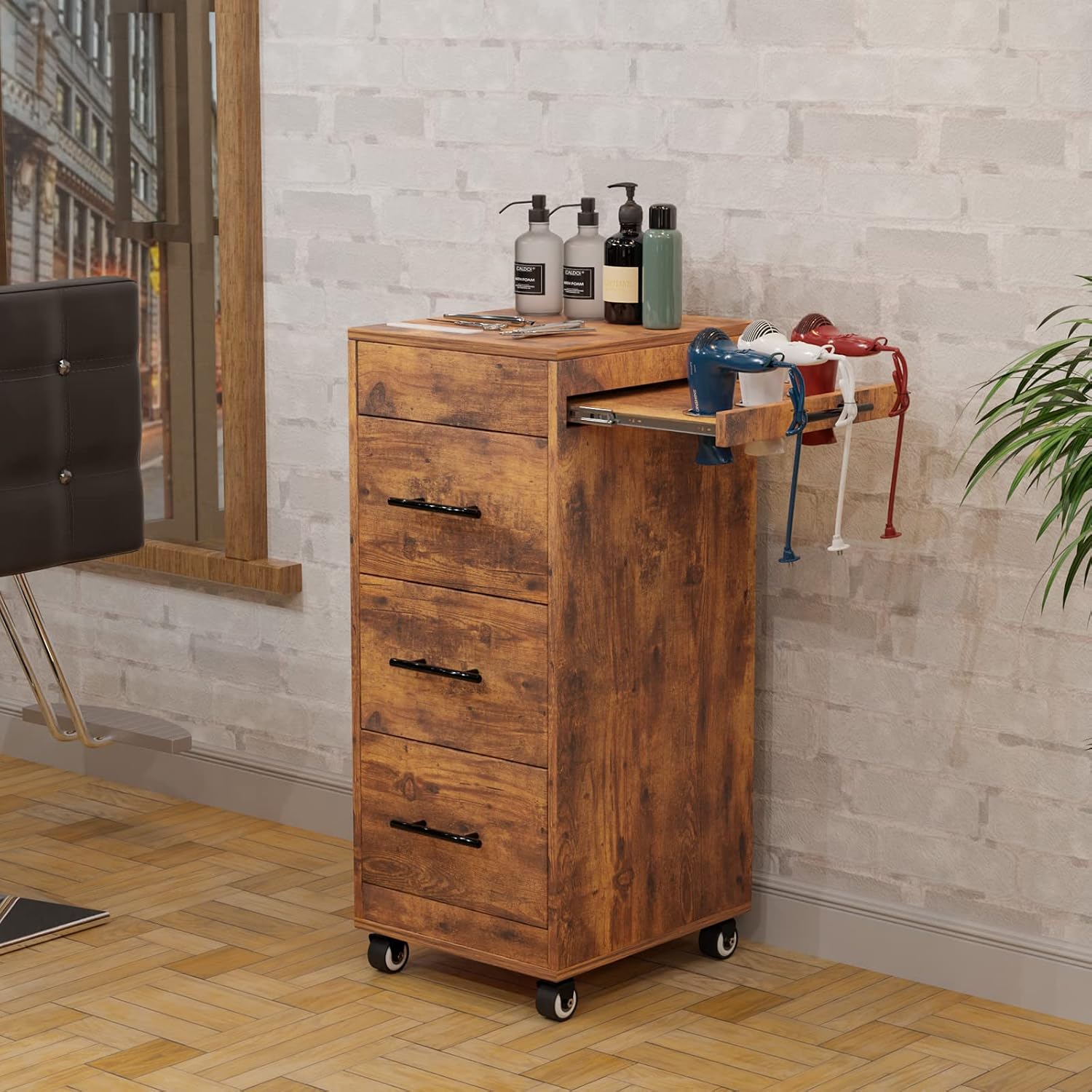 Salon Trolley Cart with Wheels, 3-Drawer Rolling Hair Styling Station, Mobile Beauty Trolley with Hot Tools Holder