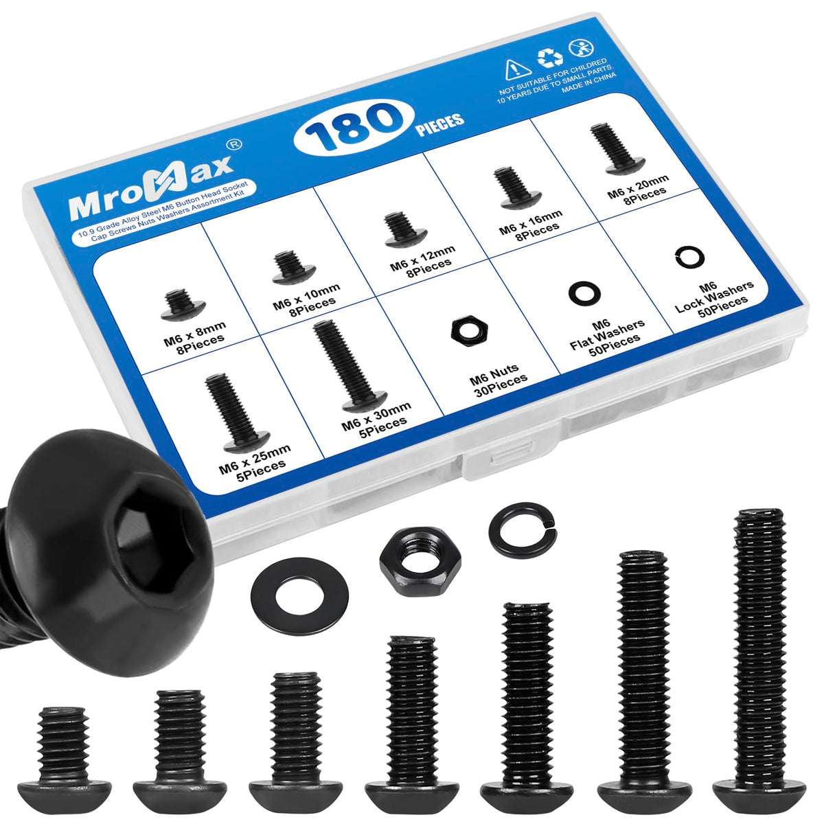 180 Pieces M6 Button Head Socket Cap Screws Nuts Washers Set Black