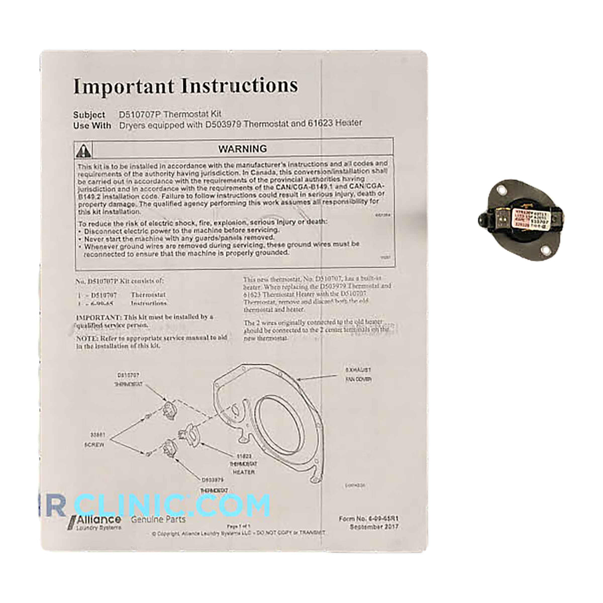 ALLIANCE LAUNDRY SYSTEMS Thermostat-Pink/Wht W/Instr (D510707P)