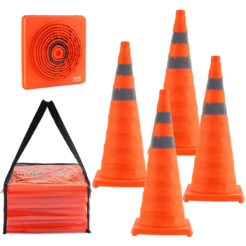 Safety Cones, 4 Pack 28 inch Collapsible Traffic Cones, Construction Cones with Reflective Collars, Wide Base and A