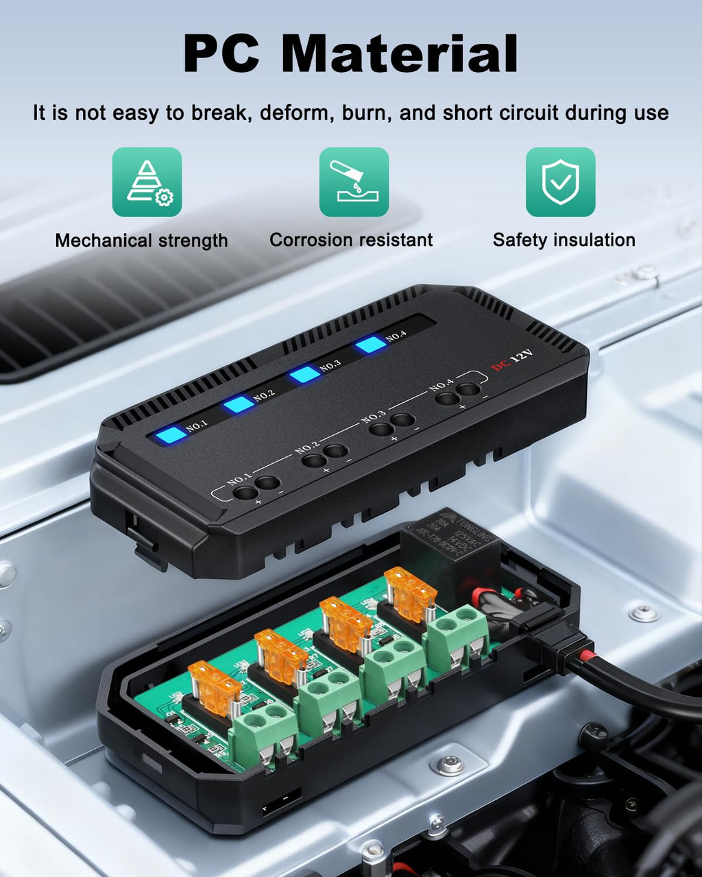 12V Fuse Block, 20A Motorcycle Fuse Relay Box Kit with LED Warning Indicator 4 Circuits, Motorcycle Fuse Box Holder