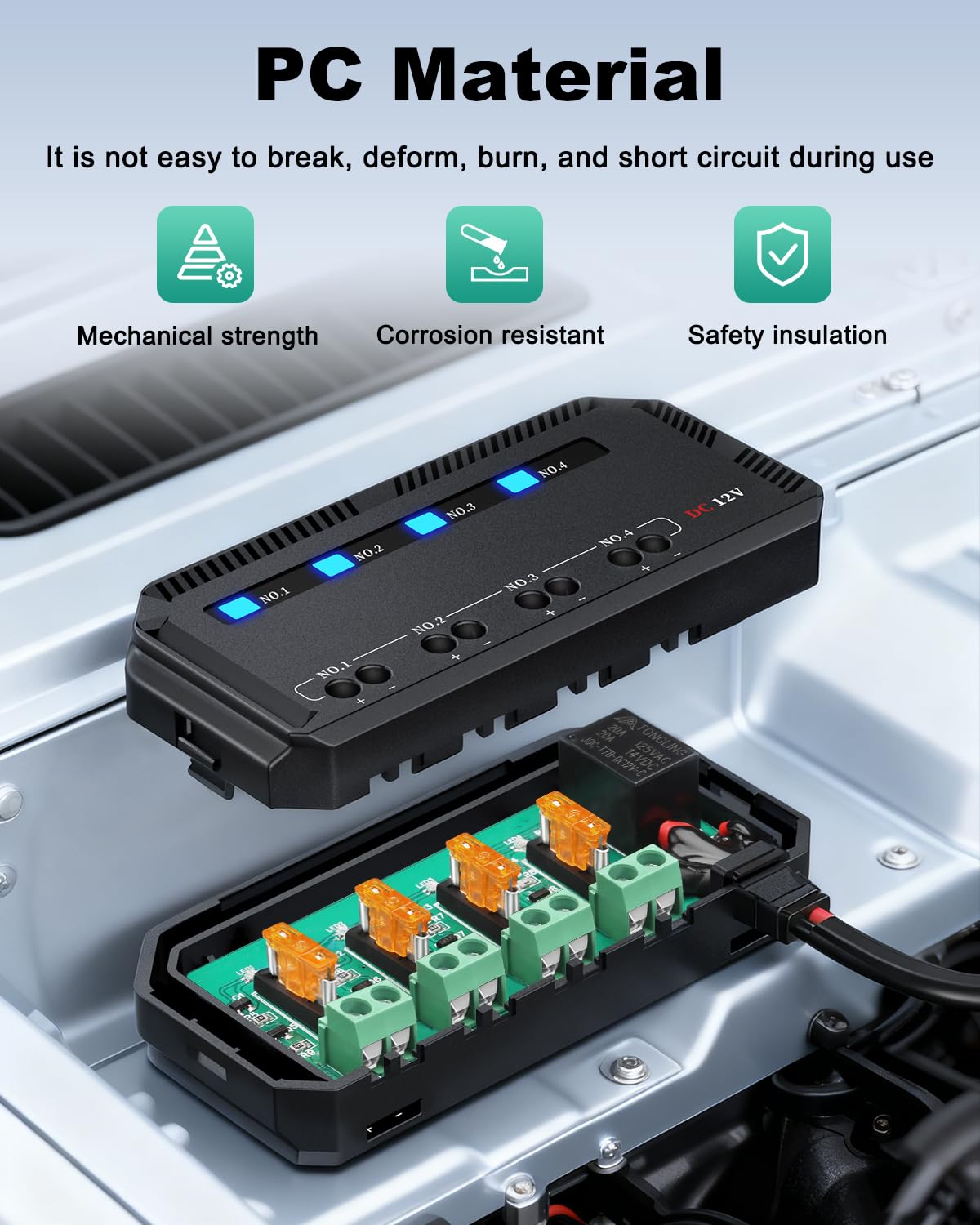 12V Fuse Block, 20A Motorcycle Fuse Relay Box Kit with LED Warning Indicator 4 Circuits, Motorcycle Fuse Box Holder