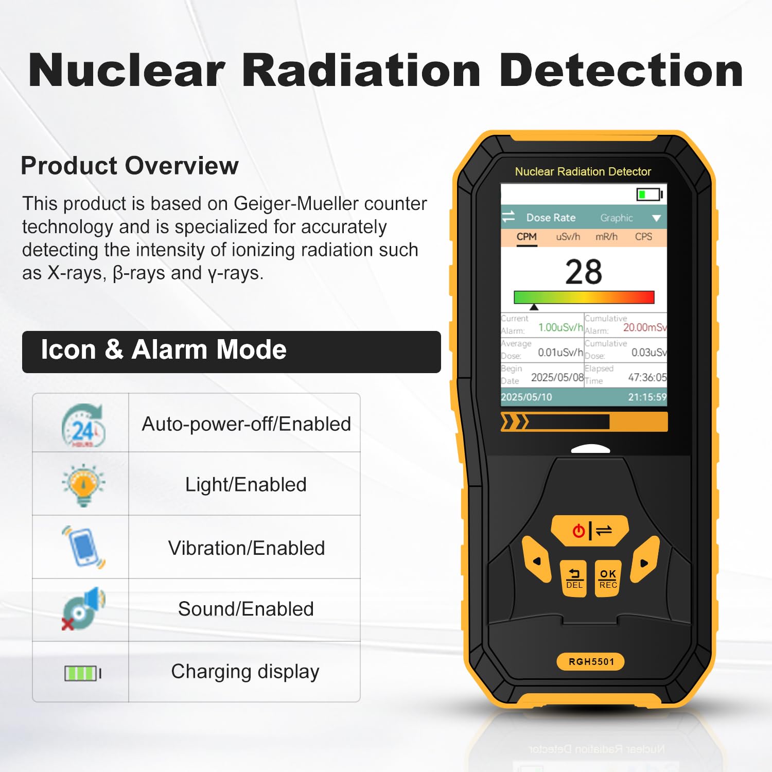 Nuclear Radiation Detector, Geiger Counter Dosimeter for Beta Gamma X-ray Monitoring Tester