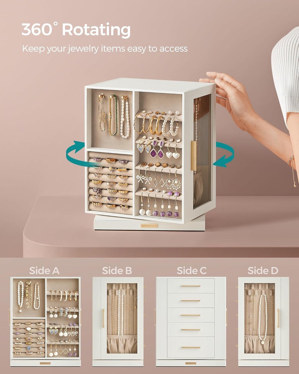 GISELLA Collection - Jewelry Box Organizer 360° Rotating, Vertical Jewelry Storage Case with 5 Drawers, Glass Window