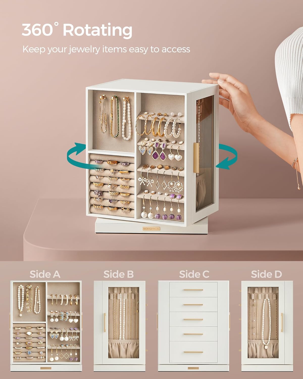 GISELLA Collection - Jewelry Box Organizer 360° Rotating, Vertical Jewelry Storage Case with 5 Drawers, Glass Window